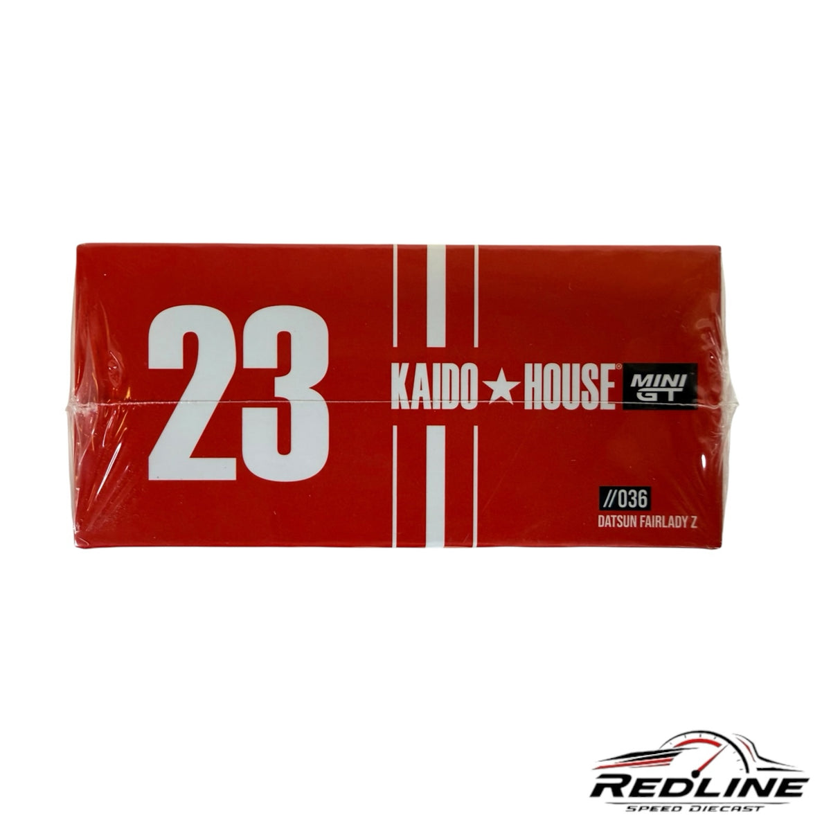 Redline Speed Diecast packaging for the Kaido House Datsun Fairlady Z model car featuring number 23 and branding