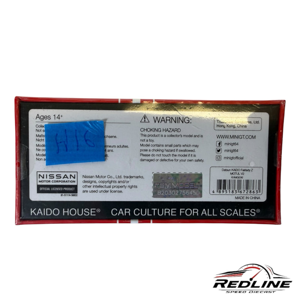 Redline Speed Diecast packaging back view for KAIDO HOUSE Datsun Fairlady Z model car with official Nissan branding