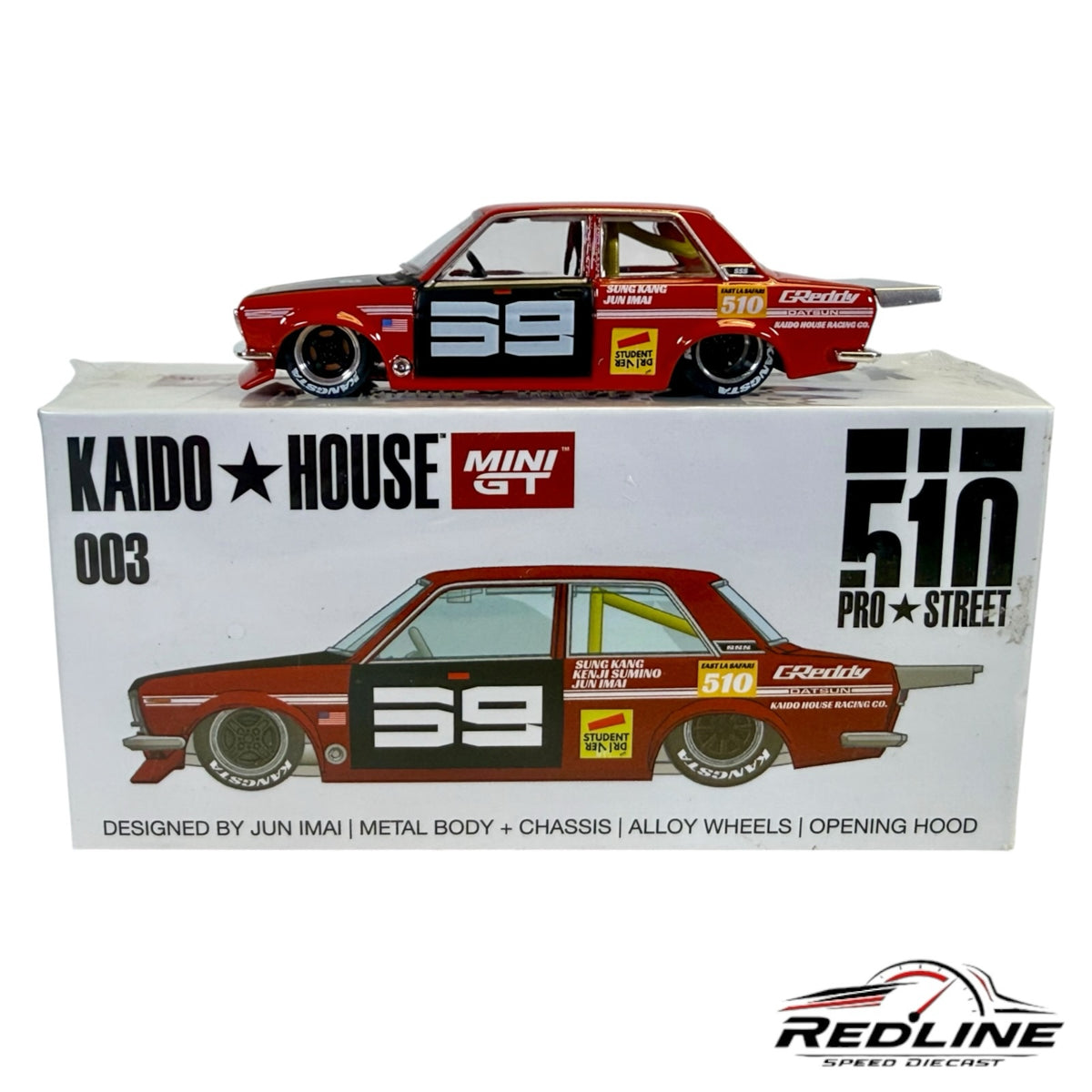 Redline Speed Diecast KAIDO HOUSE MINI GT Datsun 510 Pro Street model car in red and black with number 59 livery.