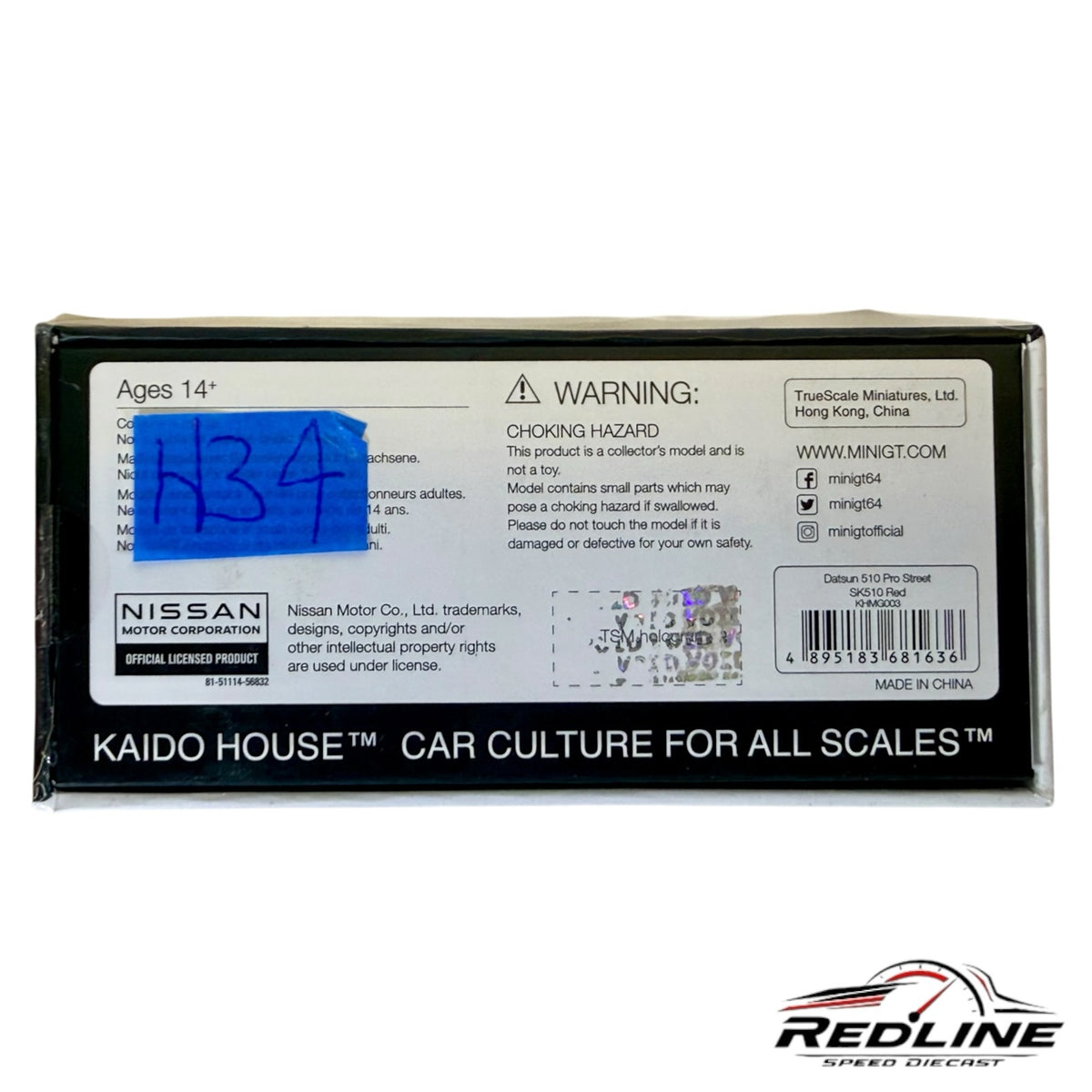 Redline Speed Diecast KAIDO HOUSE MINI GT Datsun Pro Street model packaging back with official Nissan licensing info