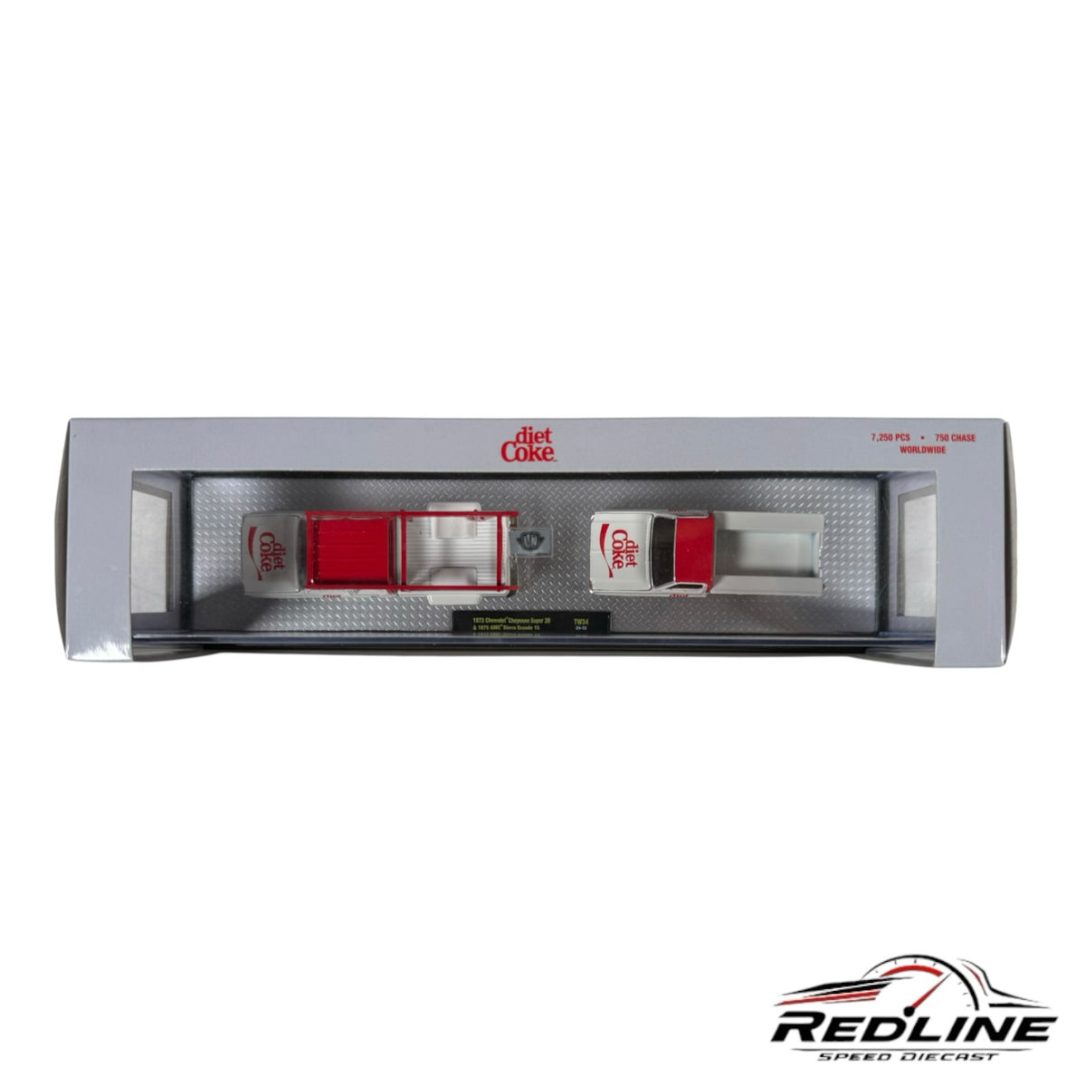 Redline Speed Diecast Diet Coke two-piece collector truck set featuring 1973 Chevrolet and 1975 GMC models in a box.