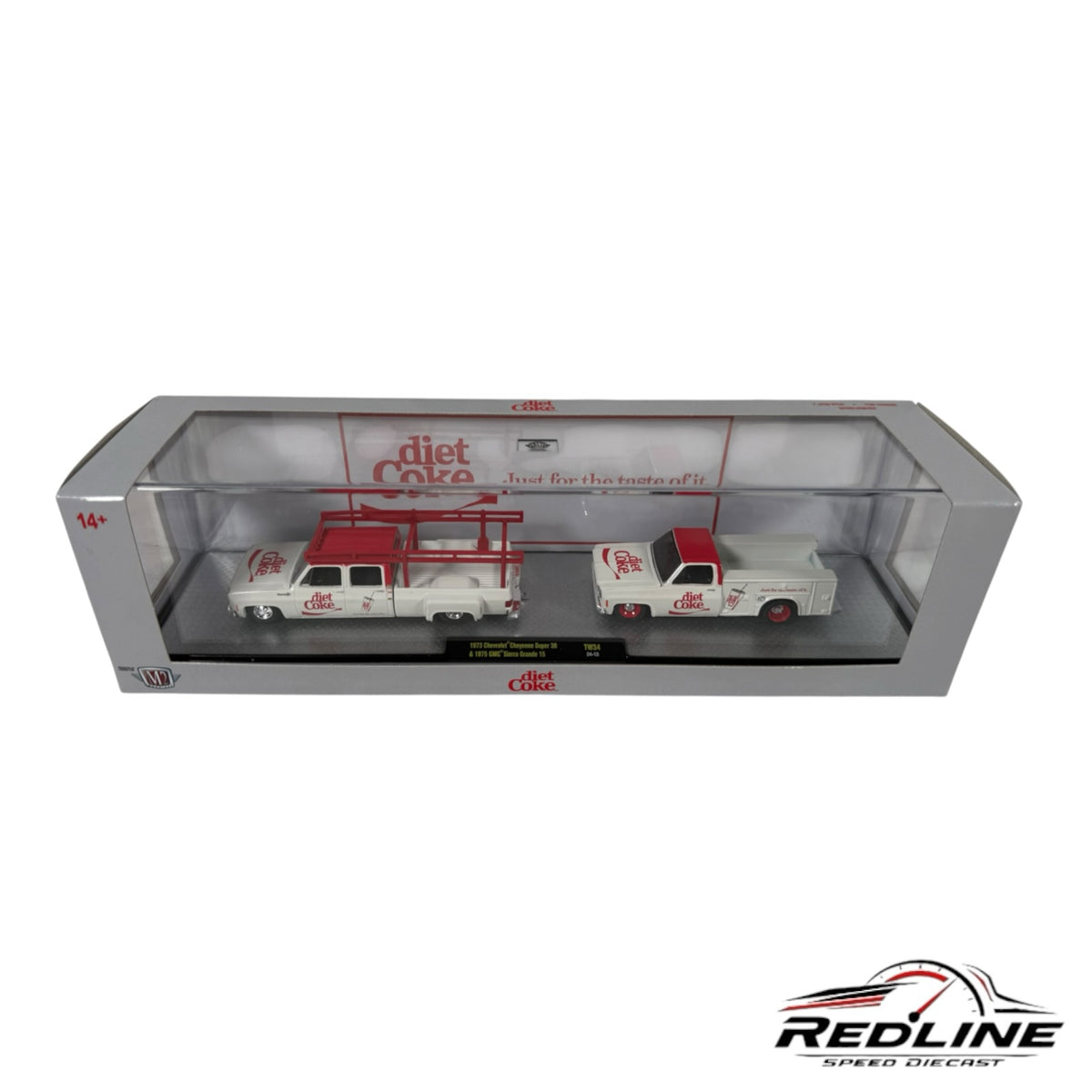 Redline Speed Diecast M2 Machines Diet Coke 1:64 scale truck collector set featuring two vintage utility vehicles.