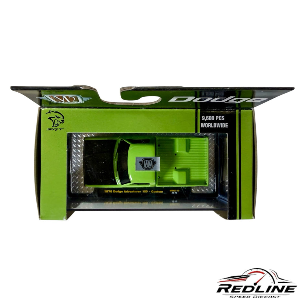 Redline Speed Diecast M2 Machines 1976 Dodge Adventurer 150 truck in neon green with black hood in display packaging