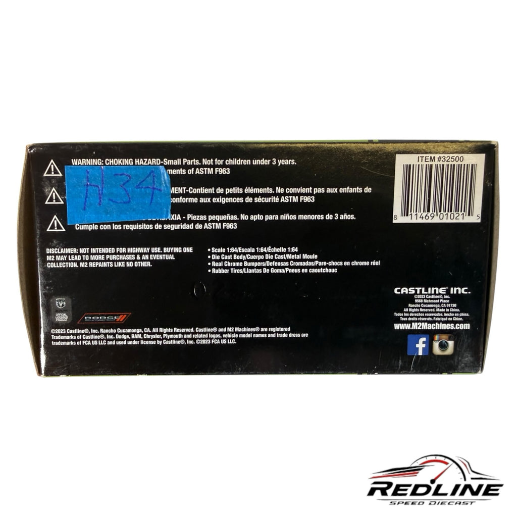 Back of Redline Speed Diecast M2 Machines Dodge Adventurer packaging with safety warnings and product specifications