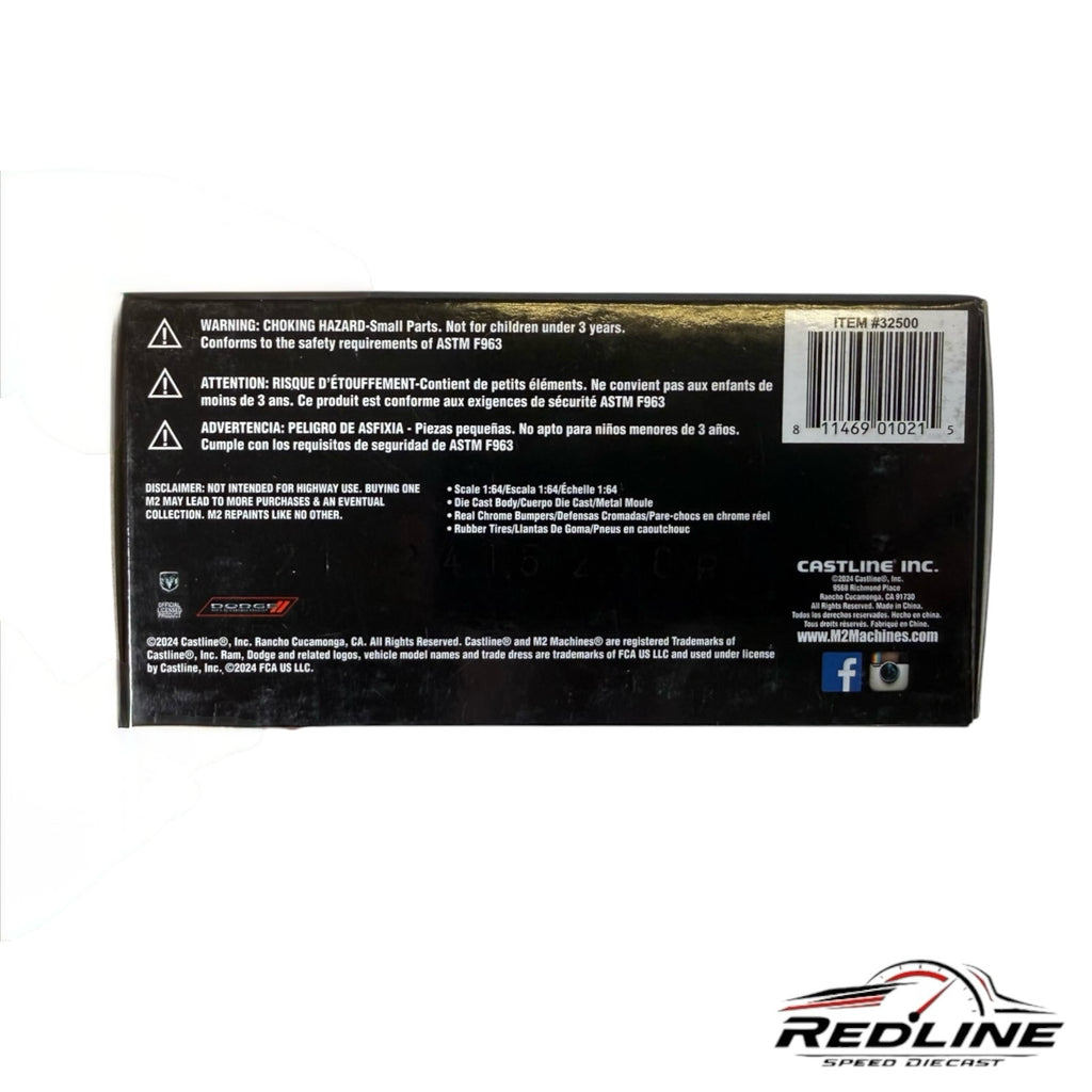 Redline Speed Diecast packaging back view for 1972 Dodge Adventurer 1:64 scale model with safety warnings and specs