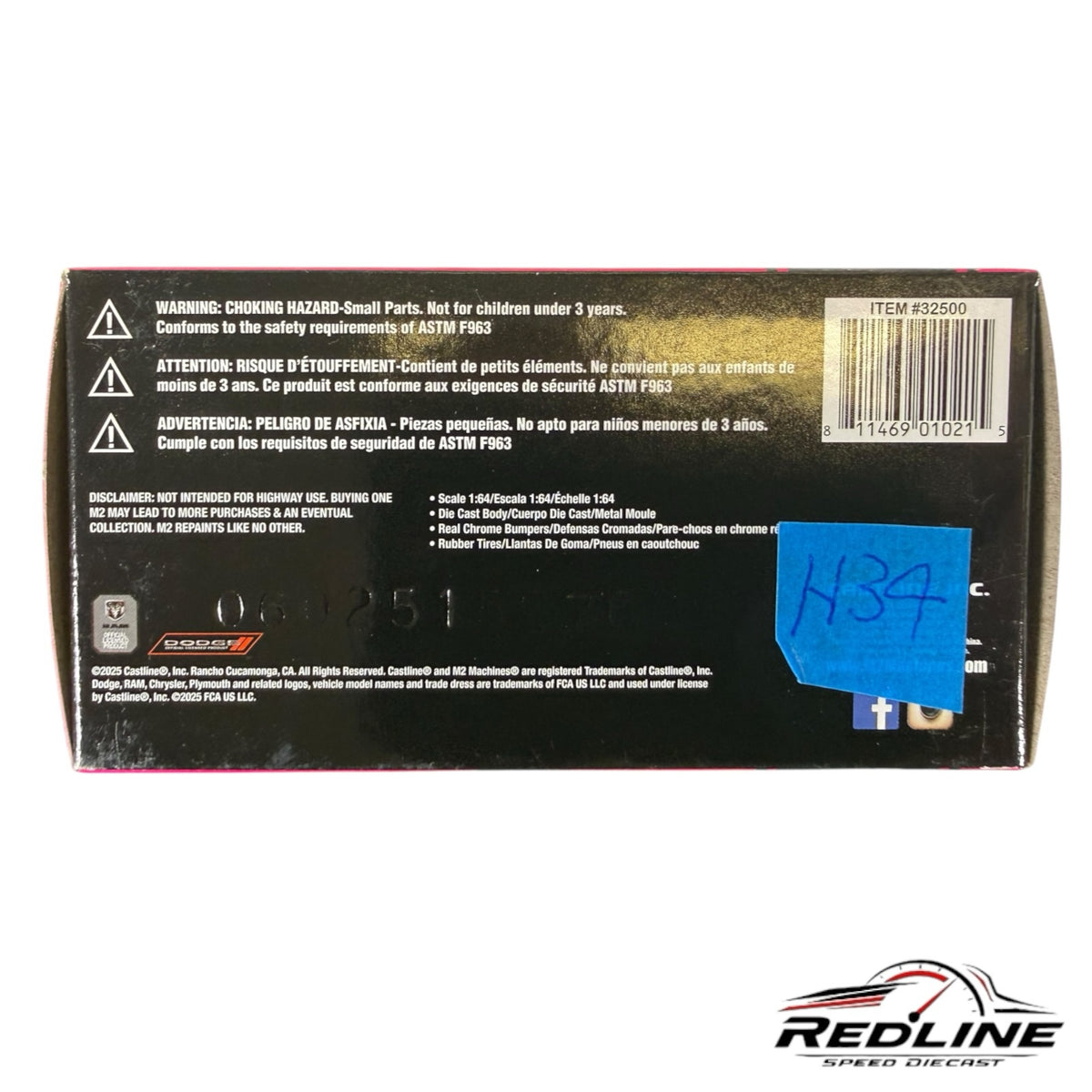 Redline Speed Diecast M2 Machines Dodge Adventurer 150 packaging back with safety warnings and product specifications