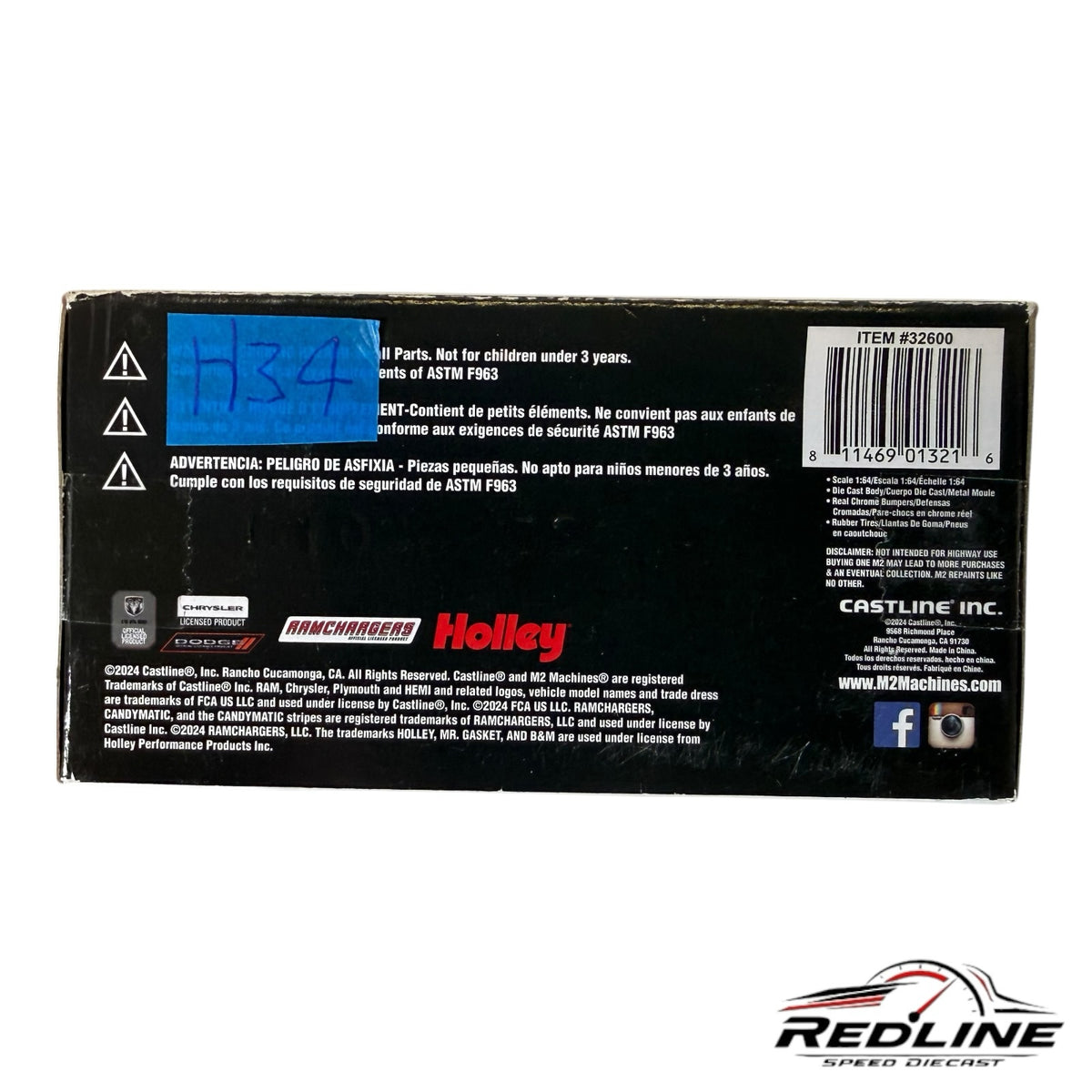 Back of Redline Speed Diecast M2 Machines Dodge Adventurer packaging with product specifications and safety warnings.