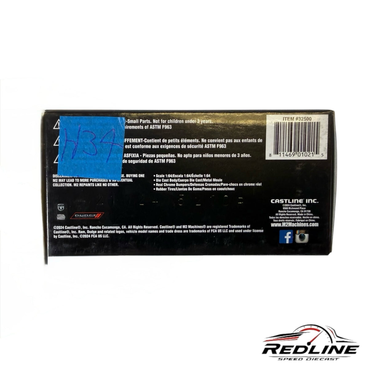 Redline Speed Diecast packaging back view for 1972 Dodge Adventurer 100 die-cast truck model with product details