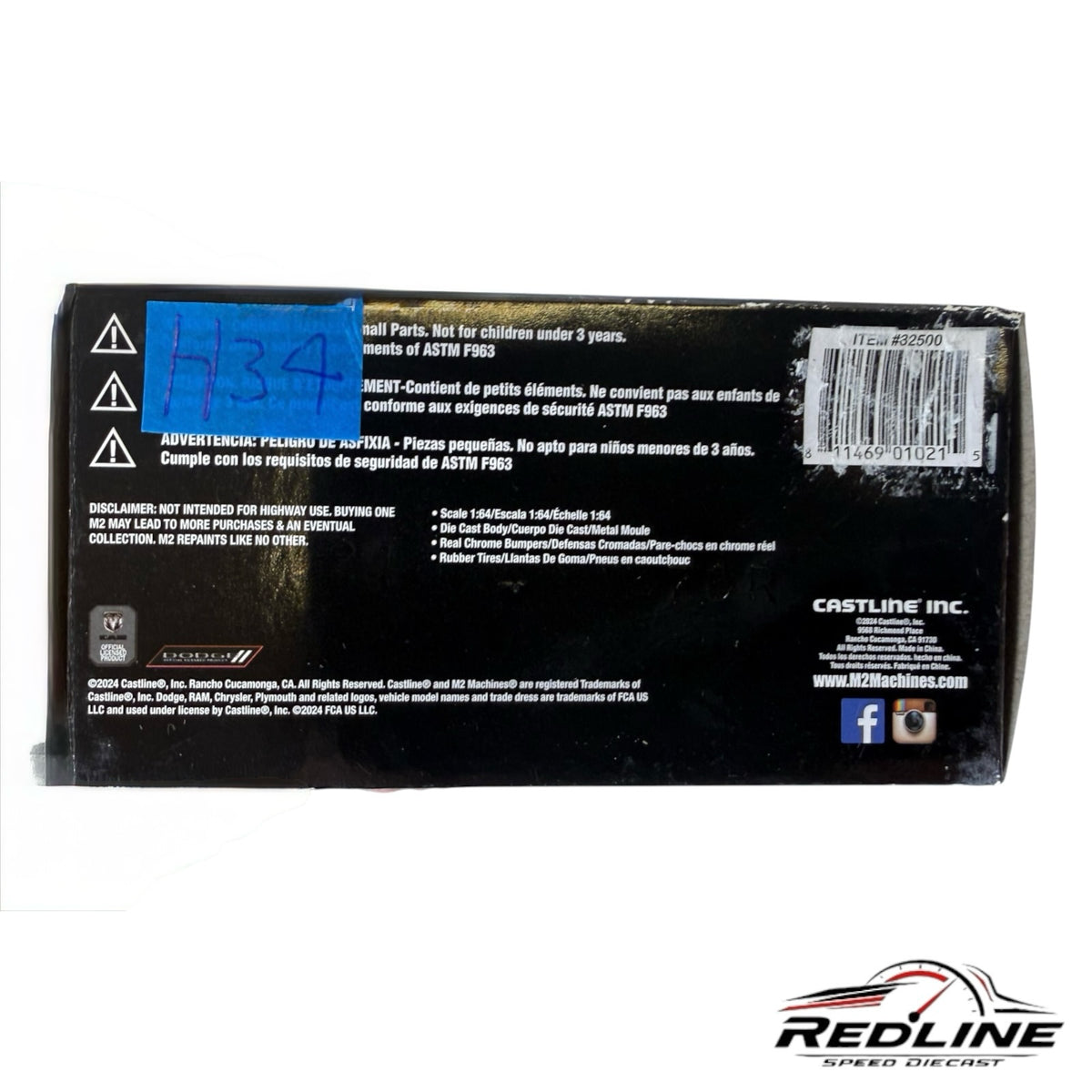 Back of Redline Speed Diecast packaging for 1976 Dodge Adventurer 150 truck with product details and barcode