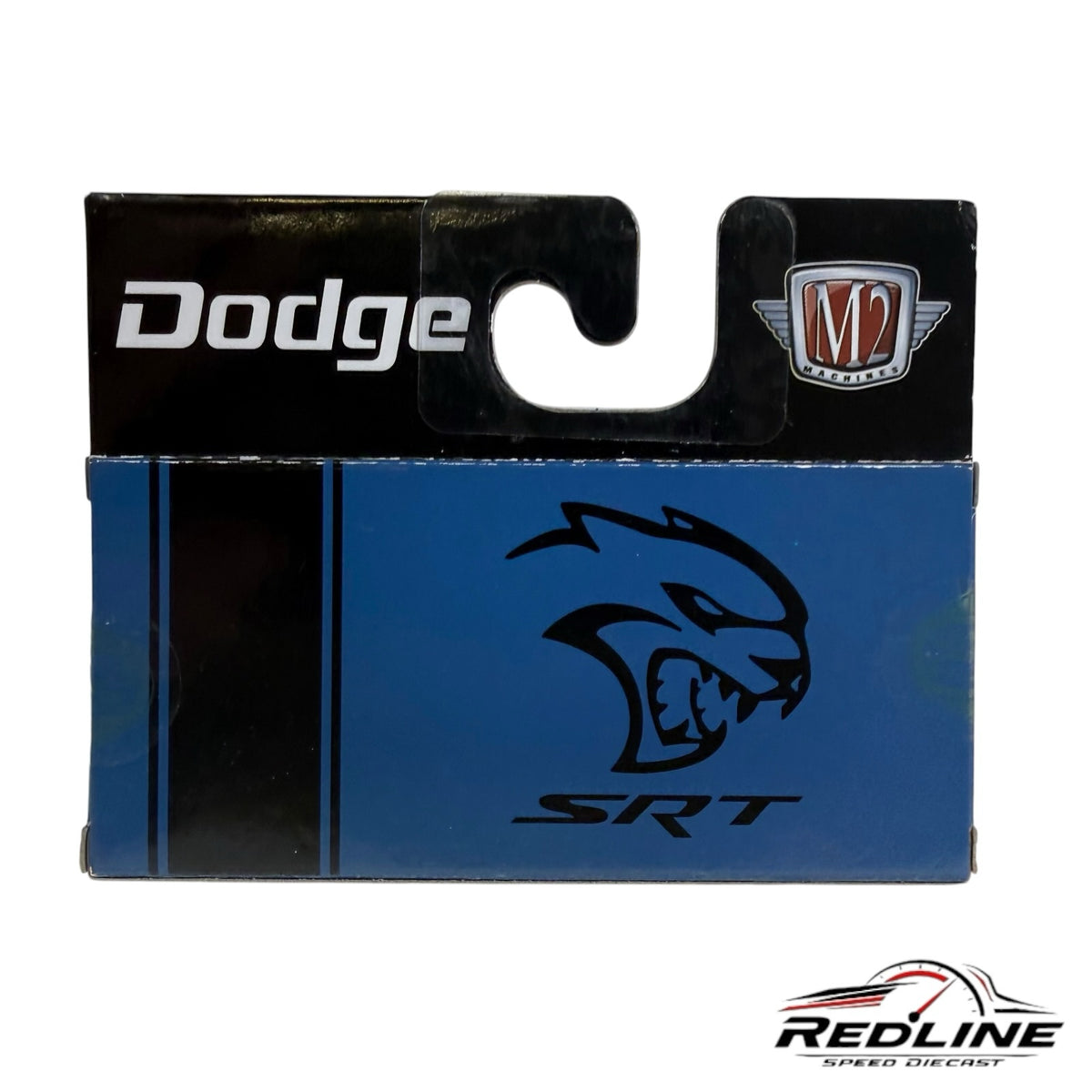 Redline Speed Diecast M2 Machines Dodge Adventurer blue packaging with SRT Hellcat logo and black racing stripes