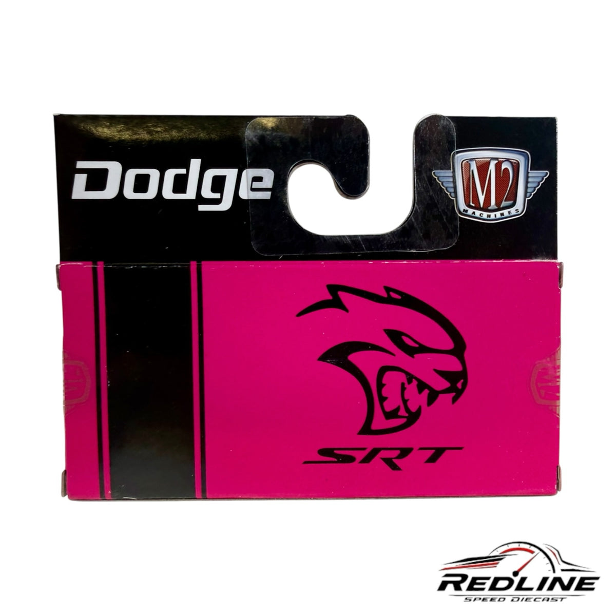 Redline Speed Diecast M2 Machines Dodge Adventurer 150 pink and black packaging with SRT Hellcat logo