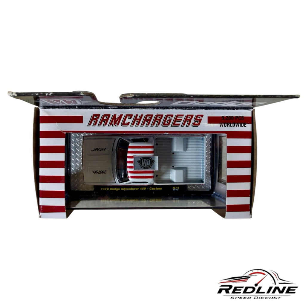 Redline Speed Diecast 1972 Dodge Adventurer 150 Ramchargers truck in white and red packaging