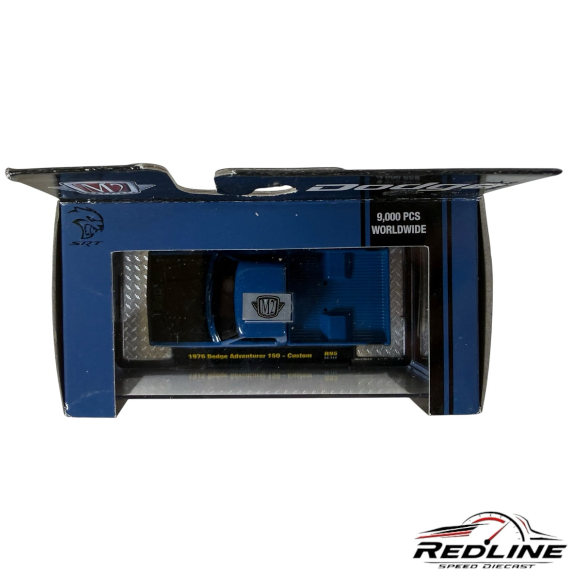 Redline Speed Diecast 1976 Dodge Adventurer 150 custom truck in blue, 1:64 scale model in original display packaging.