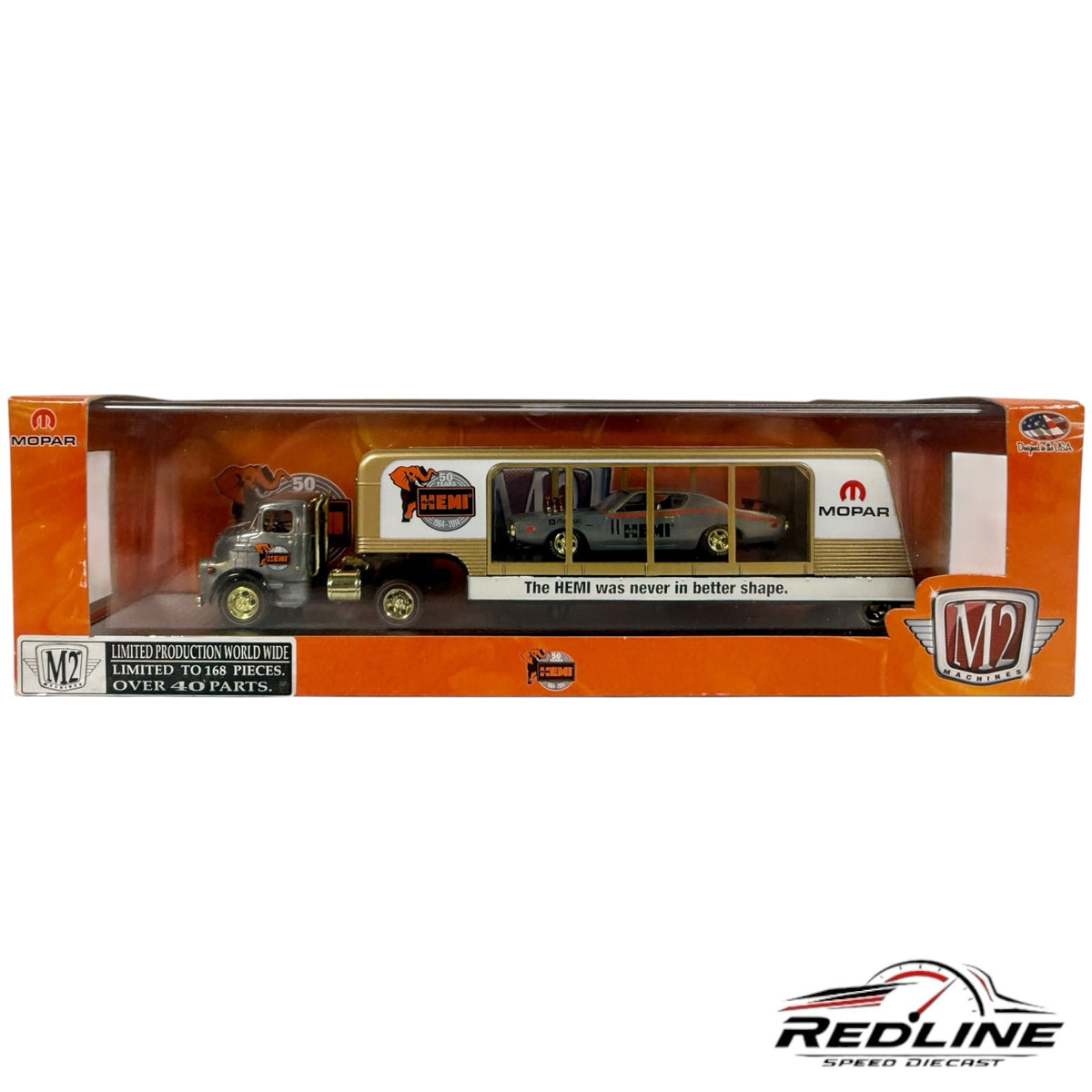 Redline Speed Diecast M2 Machines 1957 Dodge COE truck and 1971 Dodge Charger R/T HEMI auto hauler set in packaging