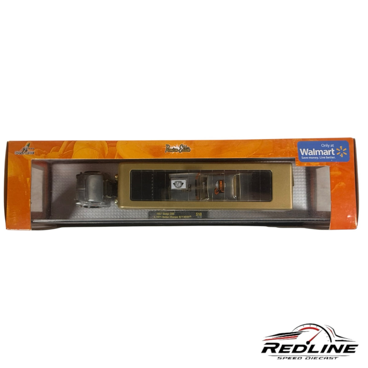 Redline Speed Diecast M2 Machines 1957 Dodge COE and 1971 Dodge Charger R/T HEMI auto hauler set in display box