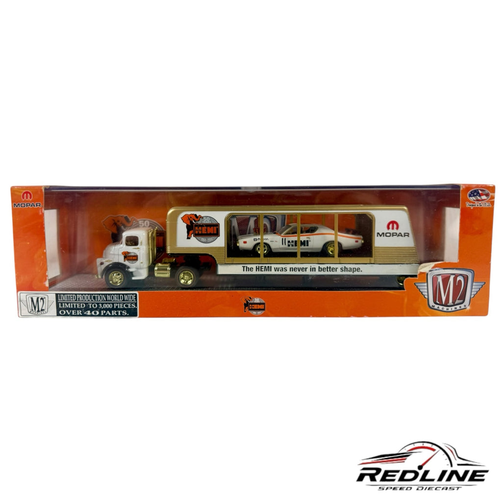 Redline Speed Diecast M2 Machines Mopar 50th Anniversary HEMI auto hauler set with 1957 Dodge truck and 1971 Charger
