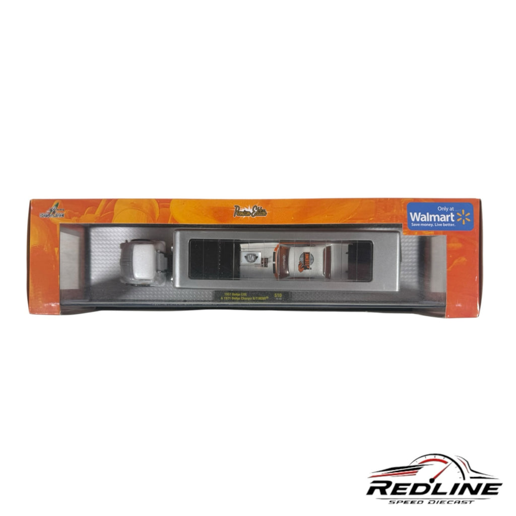 Redline Speed Diecast M2 Machines 1957 Dodge COE and 1971 Dodge Charger R/T HEMI auto hauler set in original packaging.
