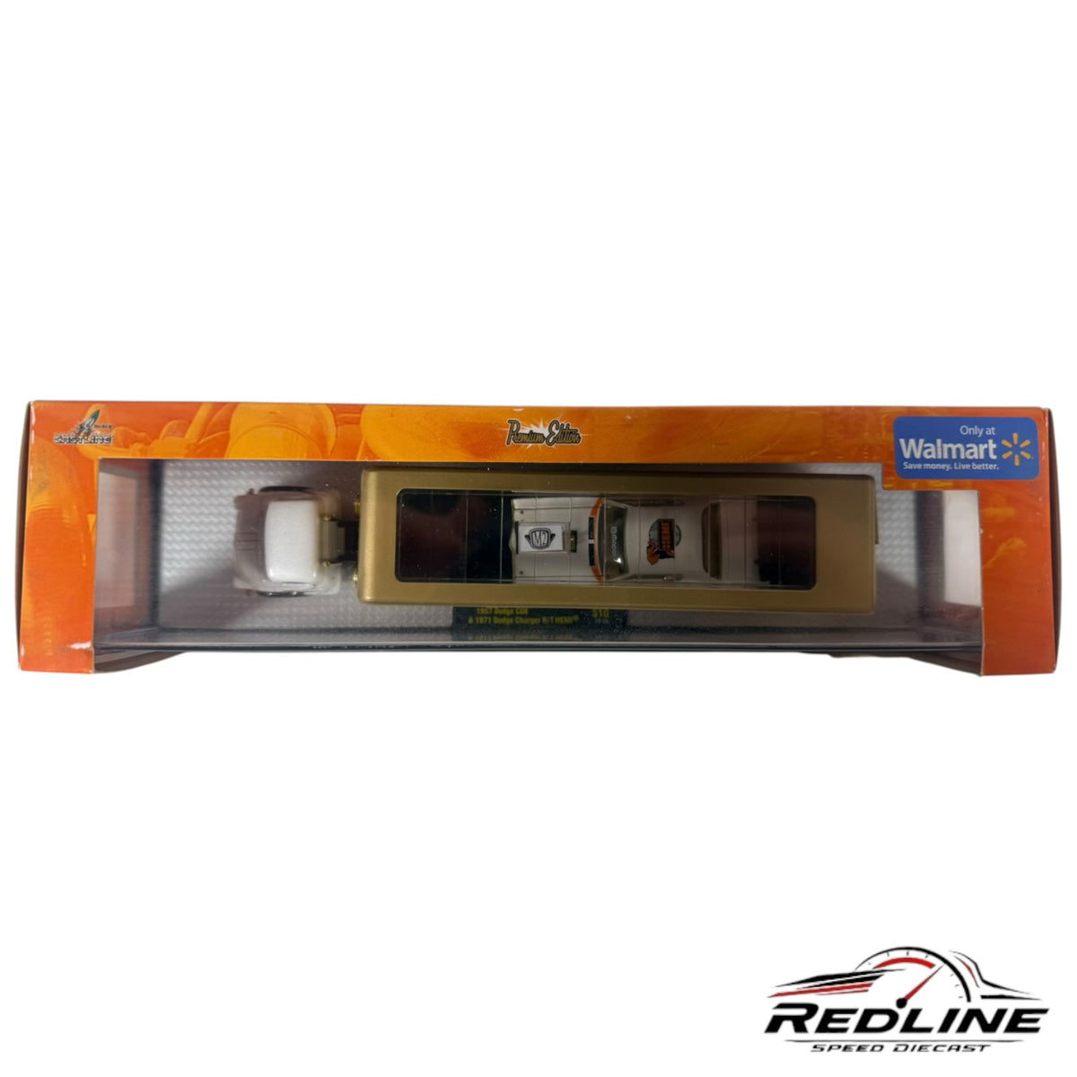 Redline Speed Diecast M2 Machines Mopar 50th Anniversary gold and white Dodge auto hauler set in original packaging