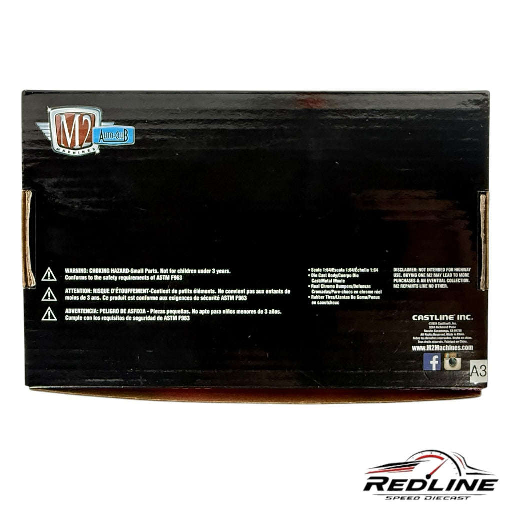 Redline Speed Diecast M2 Machines Dodge Challenger collectible packaging box back view with safety information