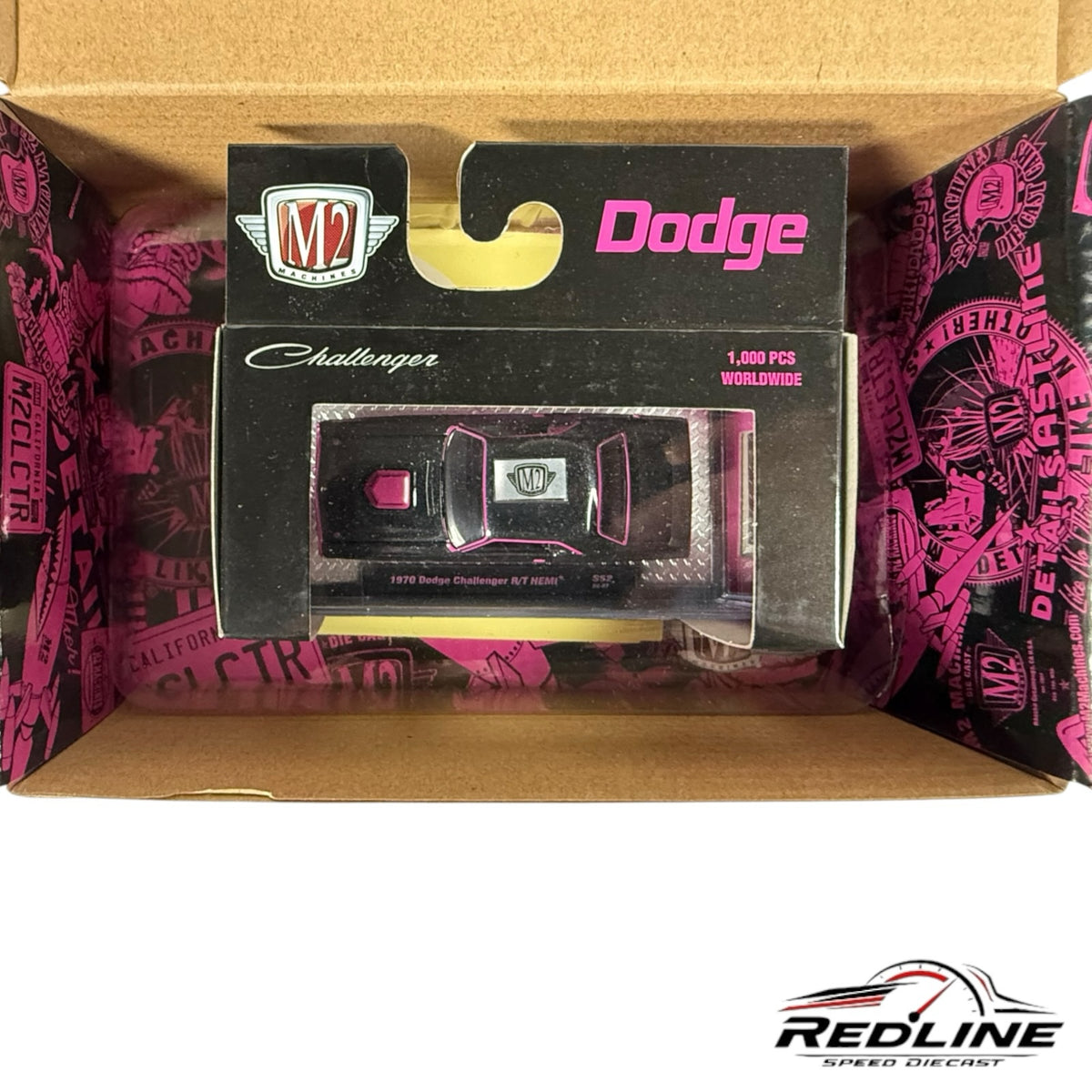 Redline Speed Diecast 1970 Dodge Challenger R/T HEMI in black and pink, 1:64 scale model in Tiki Daddy display box.
