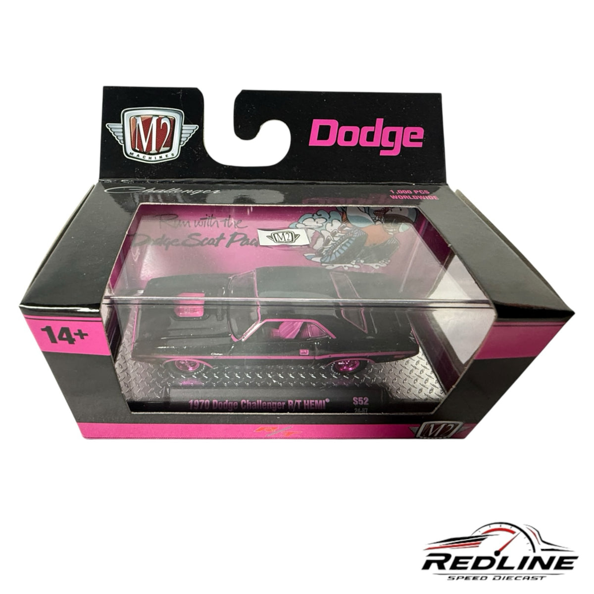 Redline Speed Diecast M2 Machines 1970 Dodge Challenger R/T HEMI in black and pink in a Tiki Daddy display box