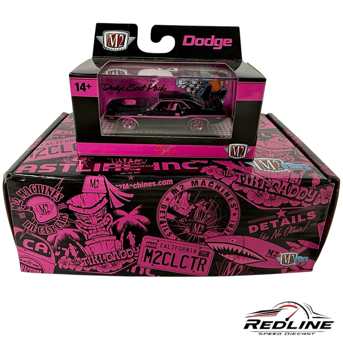 Redline Speed Diecast M2 Machines 1970 Dodge Challenger R/T HEMI in black and pink with Tiki Daddy display box