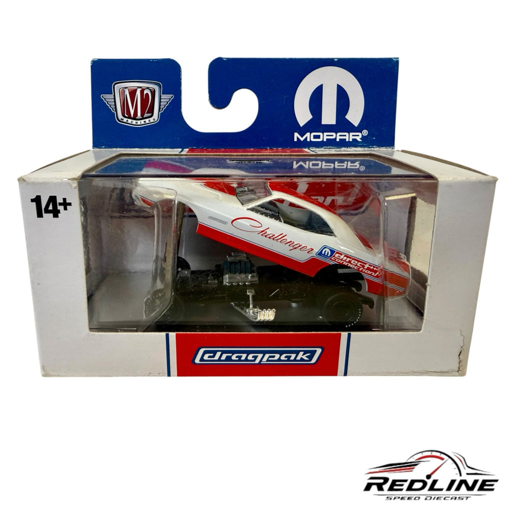Redline Speed Diecast M2 Machines 1971 Dodge Challenger Funny Car in white and red with Direct Connection livery