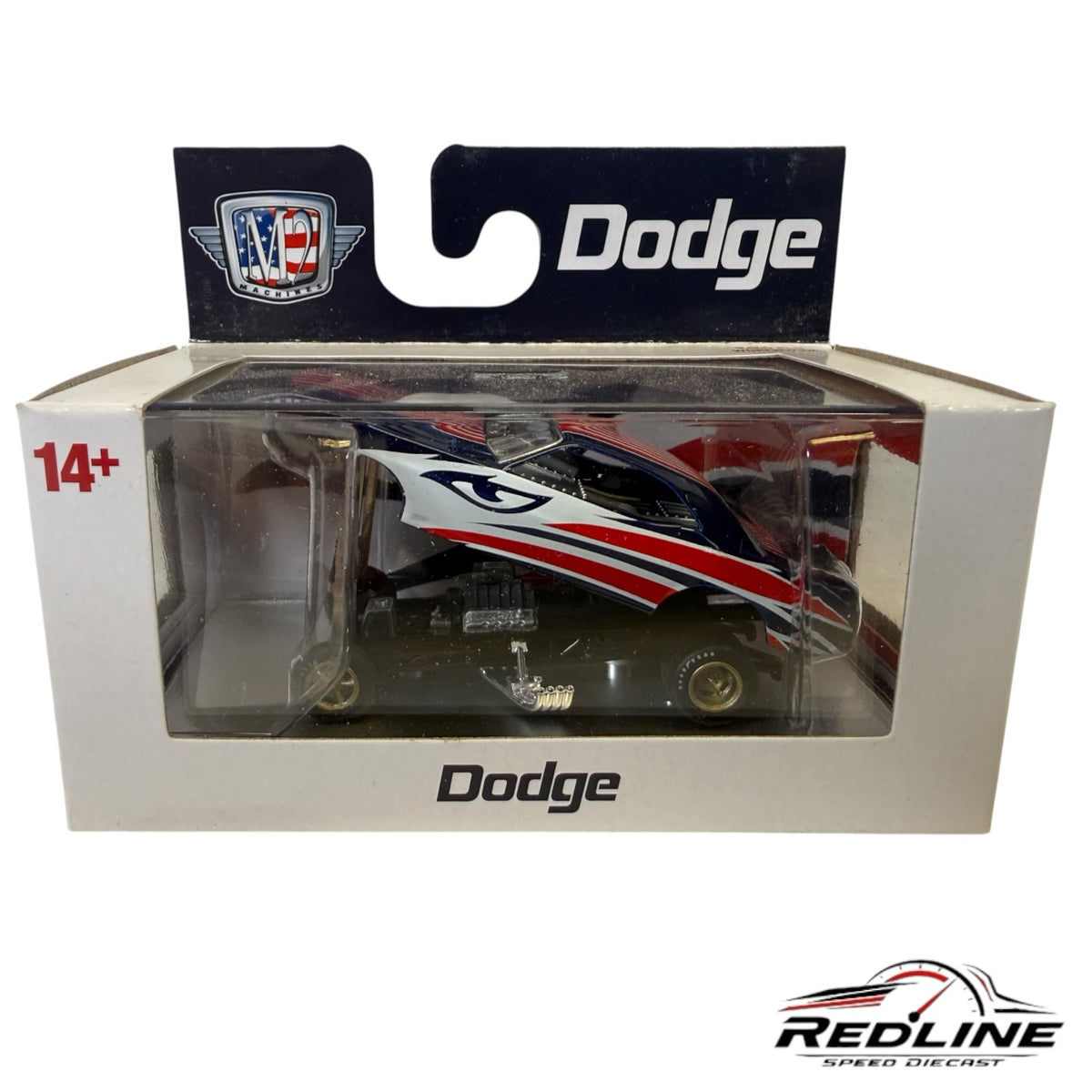 Redline Speed Diecast 1:64 scale 1971 Dodge Challenger funny car in red, white, and blue livery in original packaging.