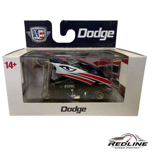Redline Speed Diecast 1:64 scale 1971 Dodge Challenger funny car in red, white, and blue livery in original packaging.