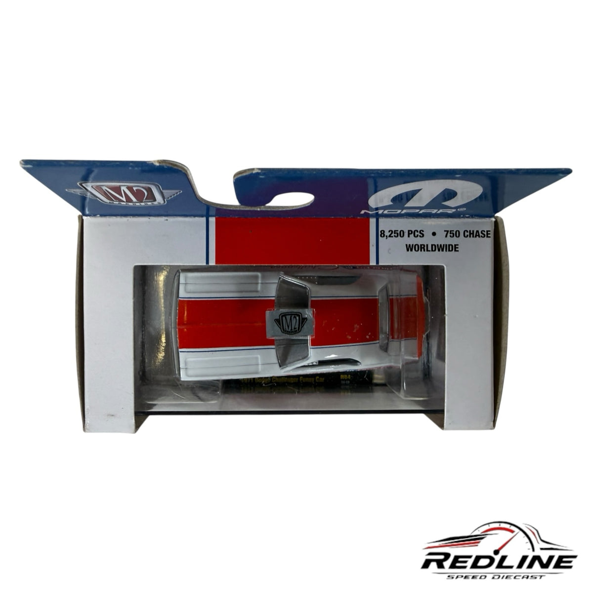 Redline Speed Diecast M2 Machines 1971 Dodge Challenger Funny Car in white and red livery inside blister packaging