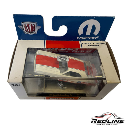 Redline Speed Diecast M2 Machines 1971 Dodge Challenger Funny Car in white and red with Direct Connection livery