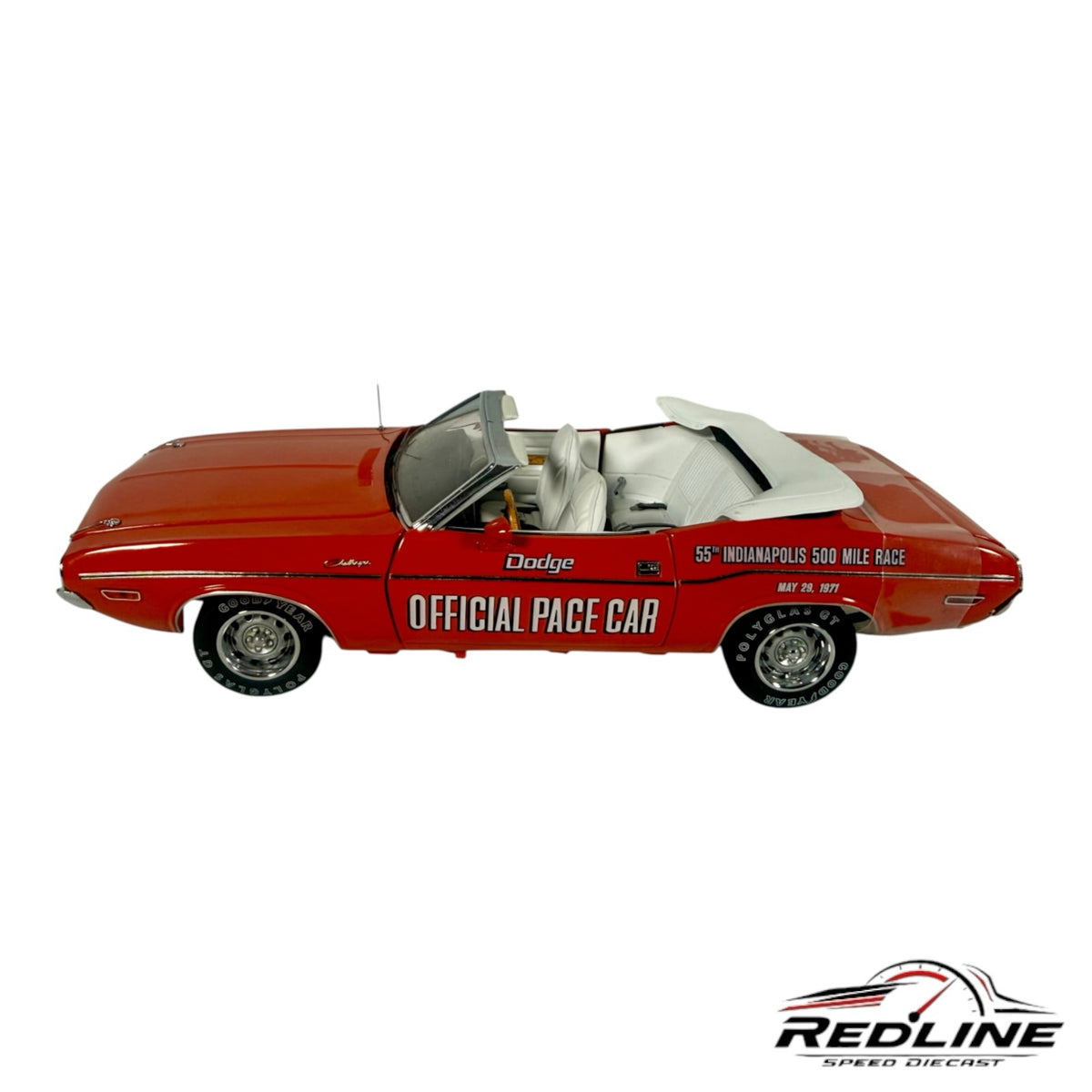 Redline Speed Diecast 1971 Dodge Challenger Indianapolis 500 pace car model with red exterior and white interior