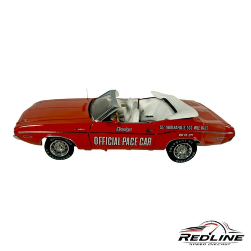 Redline Speed Diecast 1971 Dodge Challenger Indianapolis 500 pace car model with red exterior and white interior