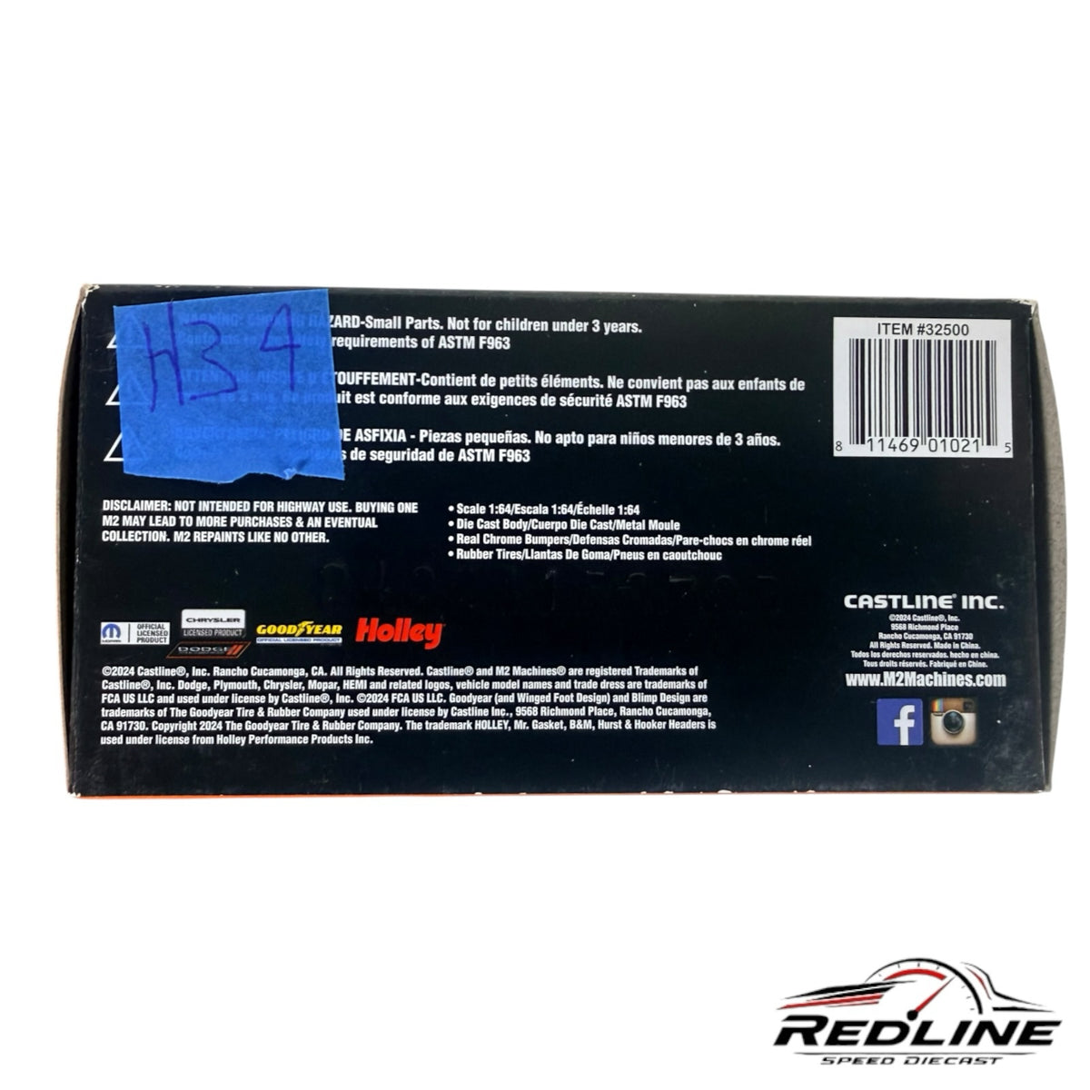 Redline Speed Diecast M2 Machines 1970 Dodge Challenger packaging back with product specifications and barcode