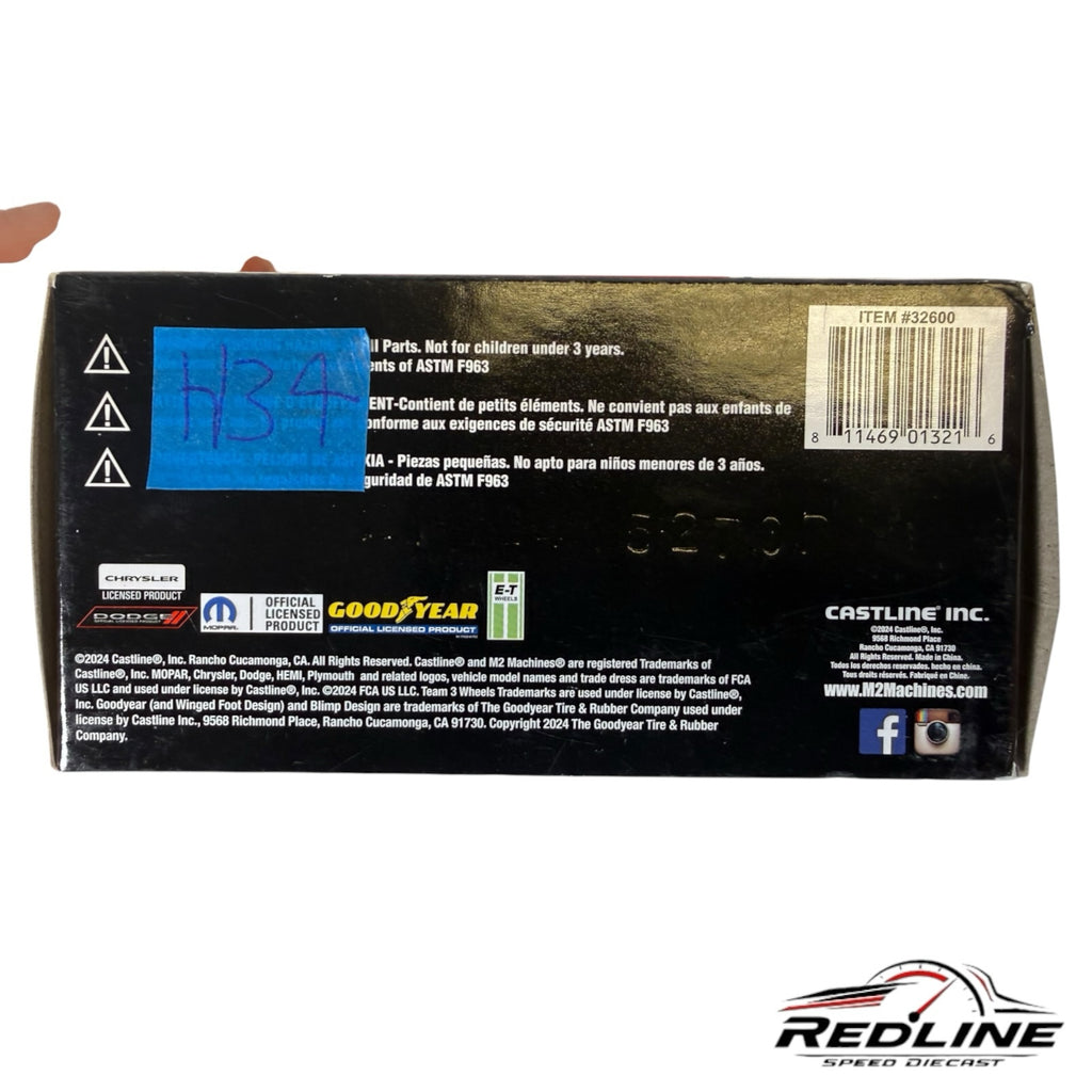 Redline Speed Diecast packaging back view for M2 Machines Dodge Challenger Funny Car with licensing information