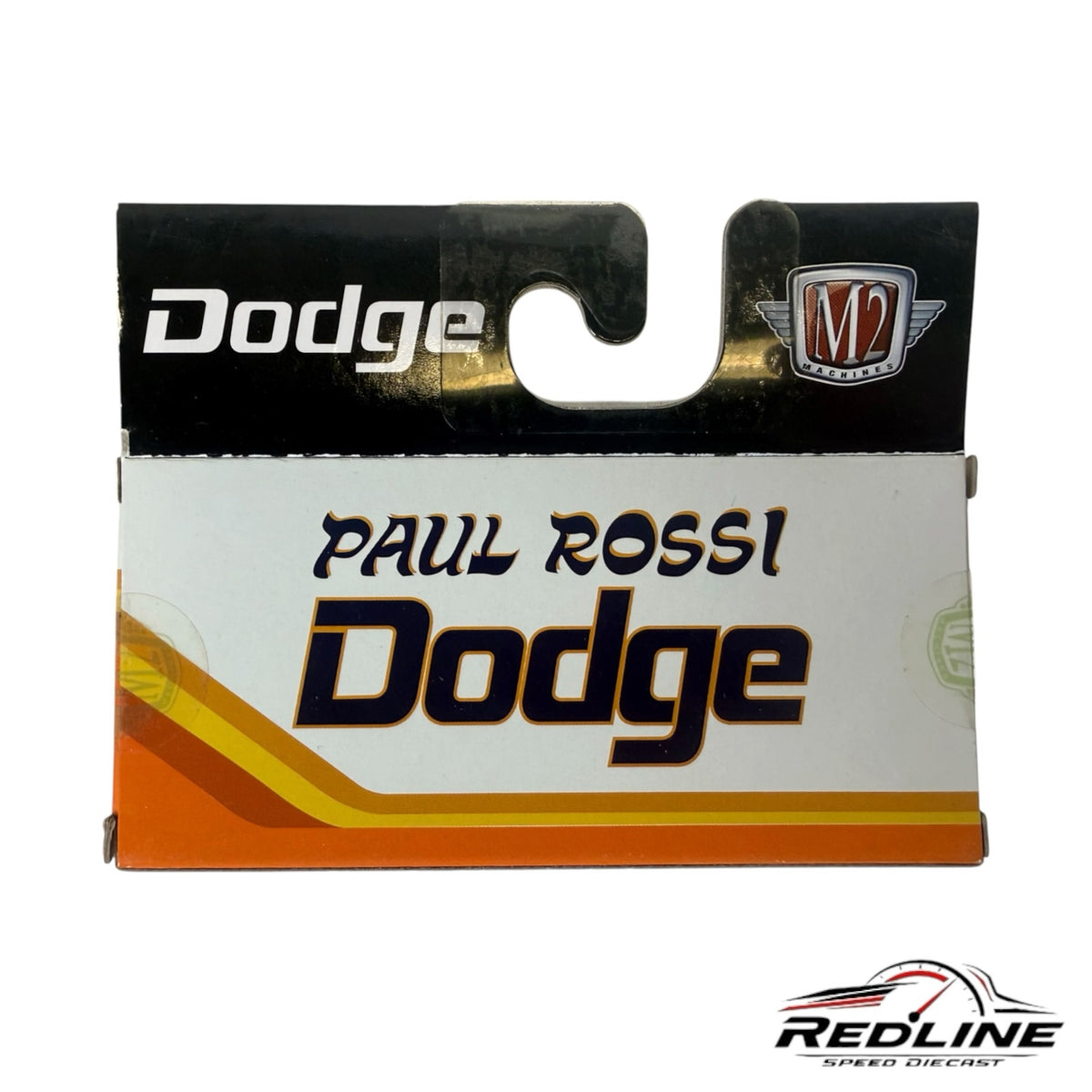 Redline Speed Diecast M2 Machines 1970 Dodge Challenger Paul Rossi edition packaging in white and orange