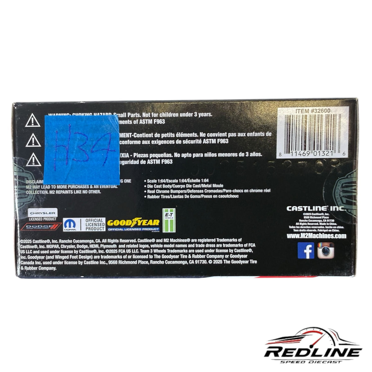 Redline Speed Diecast 1:64 scale 1971 Dodge Challenger Funny Car packaging box back with product specifications