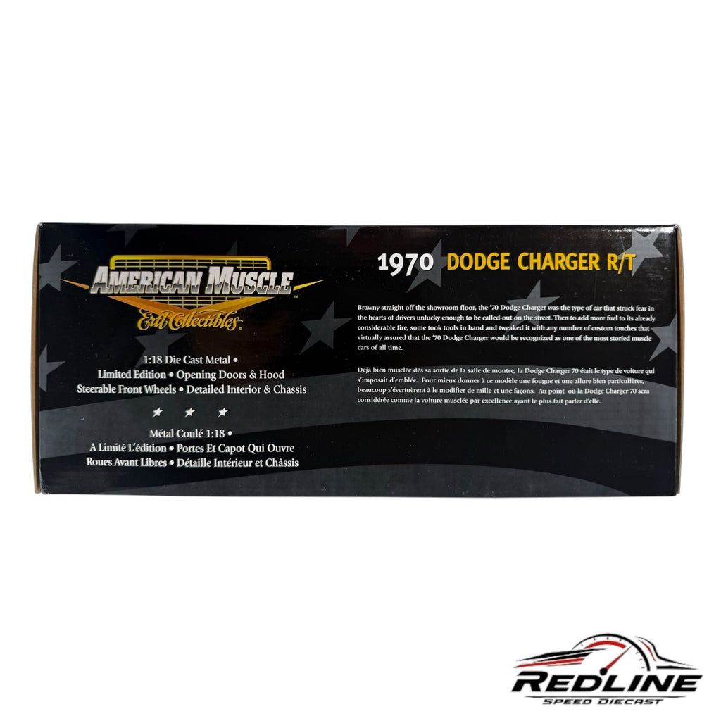 Redline Speed Diecast 1970 Dodge Charger R/T model box packaging with product details and American Muscle branding