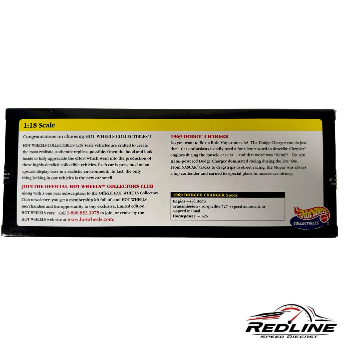 Redline Speed Diecast 1:18 scale 1969 Dodge Charger packaging box with detailed muscle car specifications