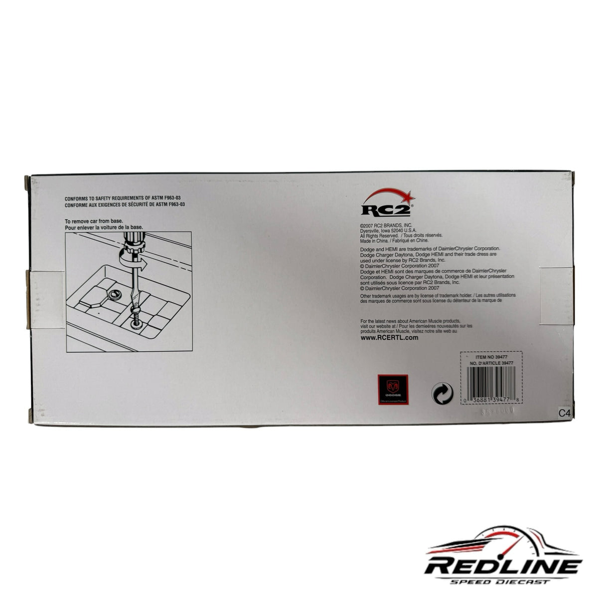 Redline Speed Diecast packaging box for 1969 Dodge Charger Daytona model with assembly instructions and RC2 branding