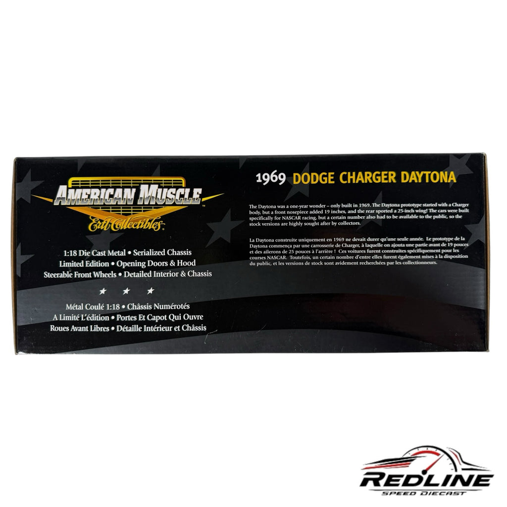 Redline Speed Diecast 1969 Dodge Charger Daytona model packaging box with historical details and product features