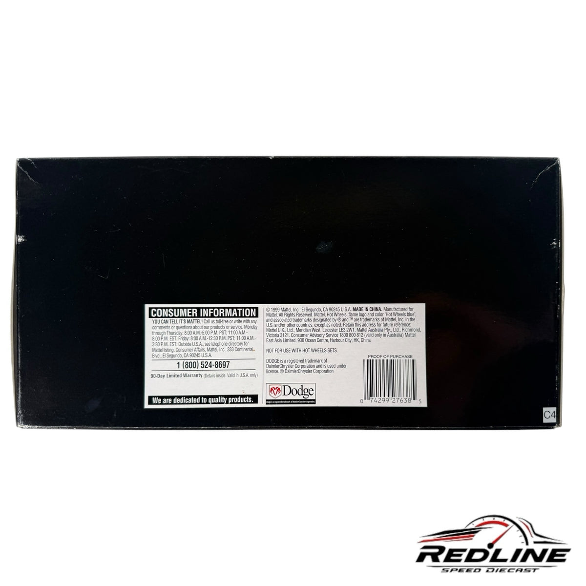 Redline Speed Diecast packaging back panel with consumer information and Dodge branding for 1969 Charger model