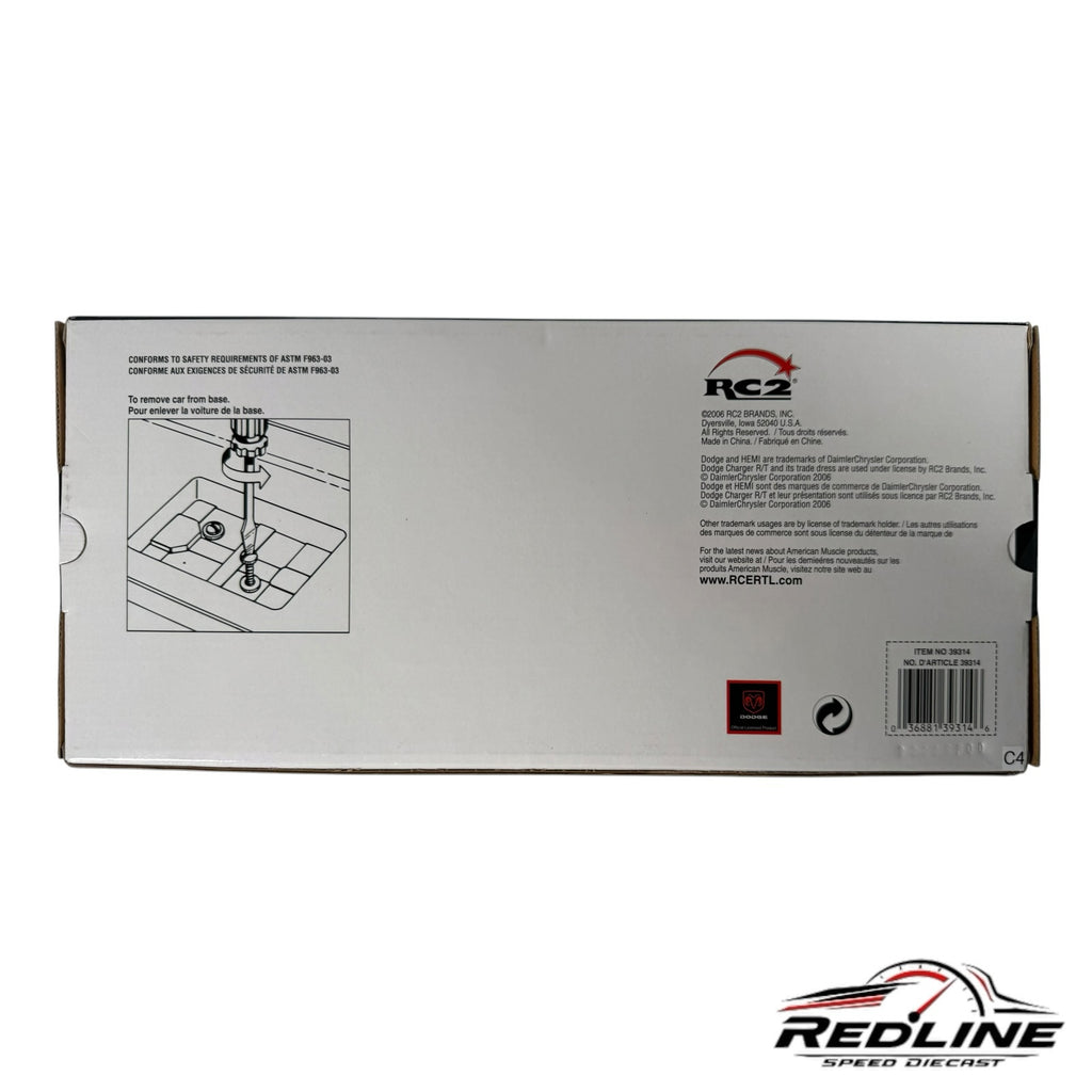 Redline Speed Diecast 1970 Dodge Charger R/T model car packaging box showing removal instructions and branding