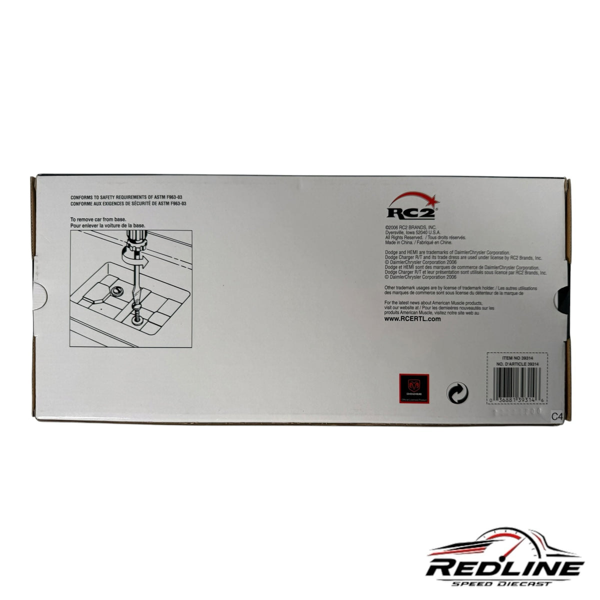 Redline Speed Diecast 1970 Dodge Charger R/T model car packaging box showing removal instructions and branding