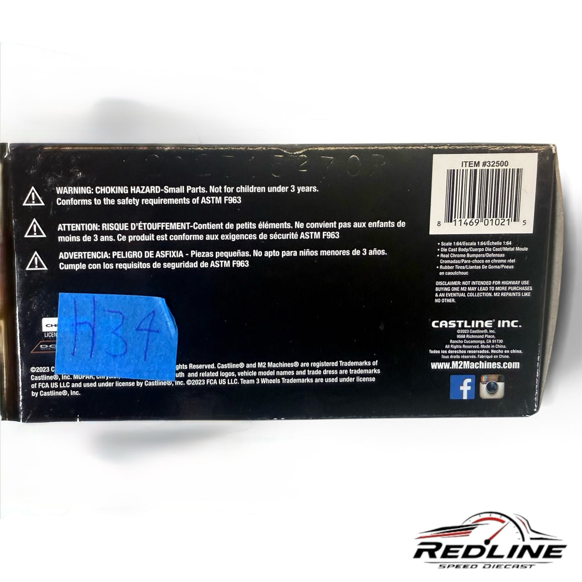 Redline Speed Diecast packaging back view for 1966 Dodge Charger Gasser model with barcode and safety information