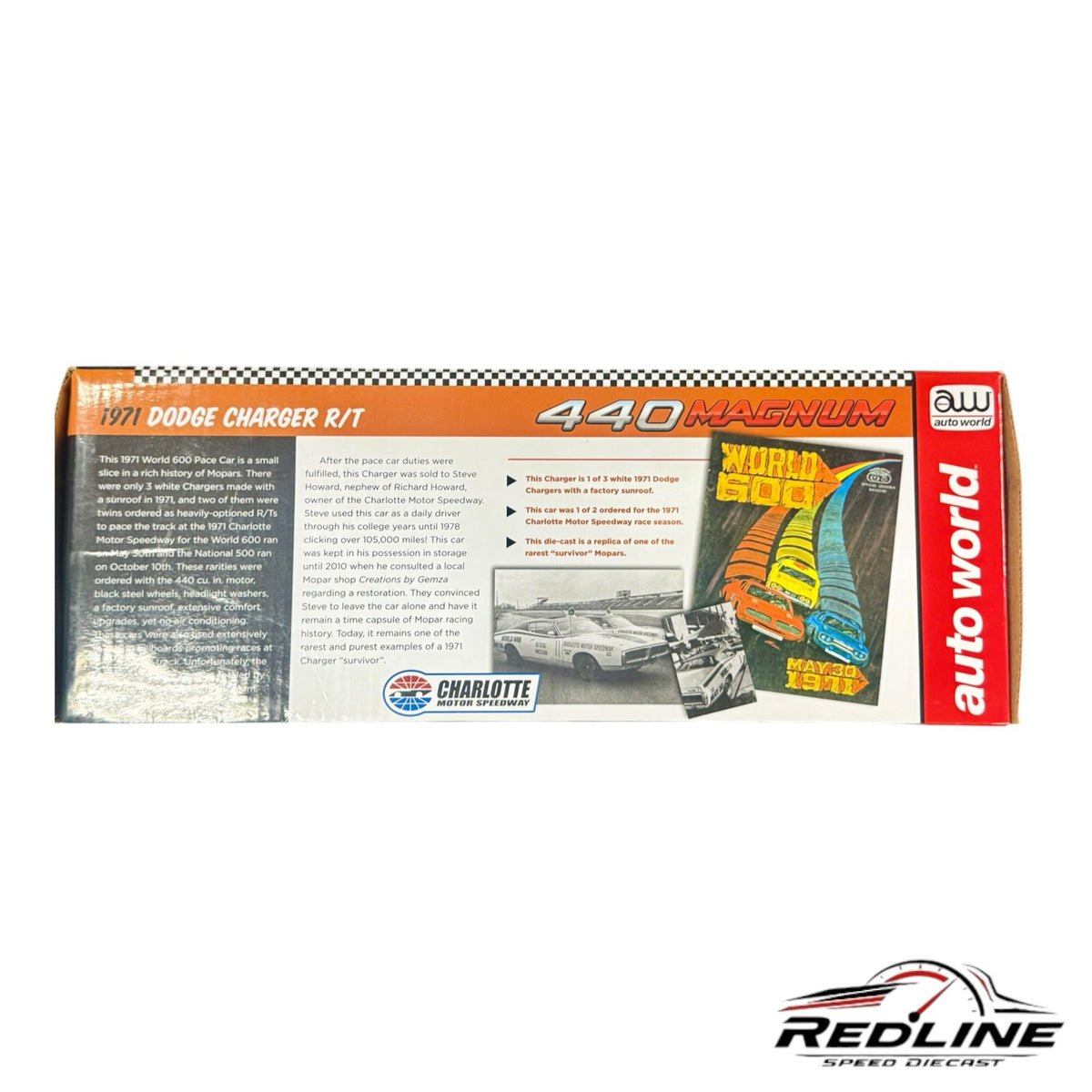 Redline Speed Diecast packaging for 1971 Dodge Charger R/T 440 Magnum Charlotte Motor Speedway pace car model