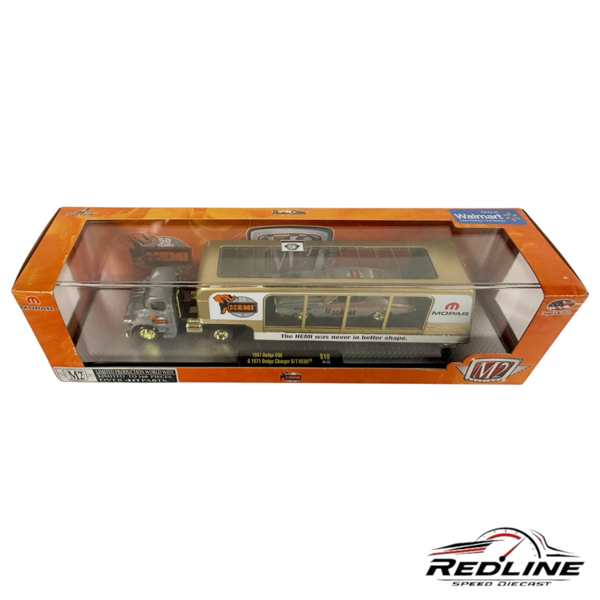 Redline Speed Diecast M2 Machines 1957 Dodge COE truck and 1971 Dodge Charger R/T HEMI auto hauler set in packaging