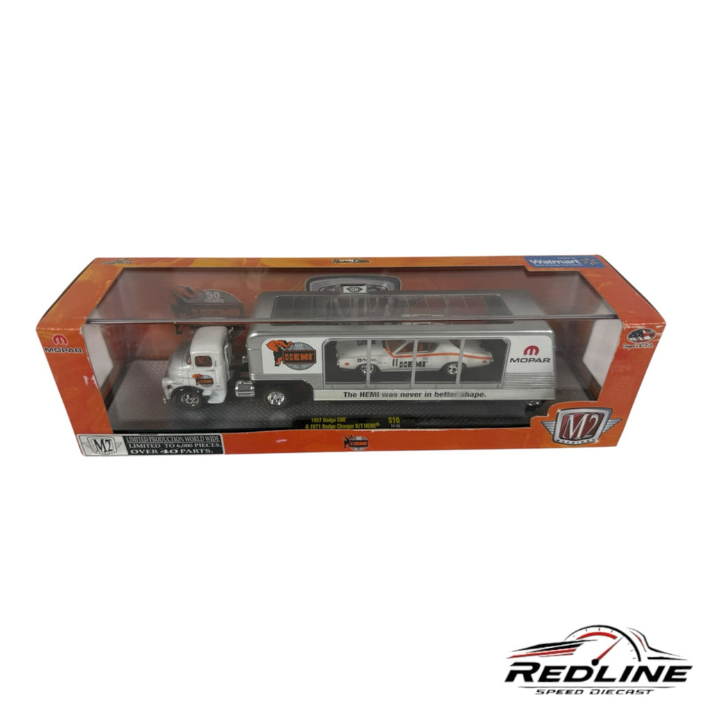 Redline Speed Diecast M2 Machines 1957 Dodge COE truck and 1971 Dodge Charger R/T HEMI auto hauler set in box
