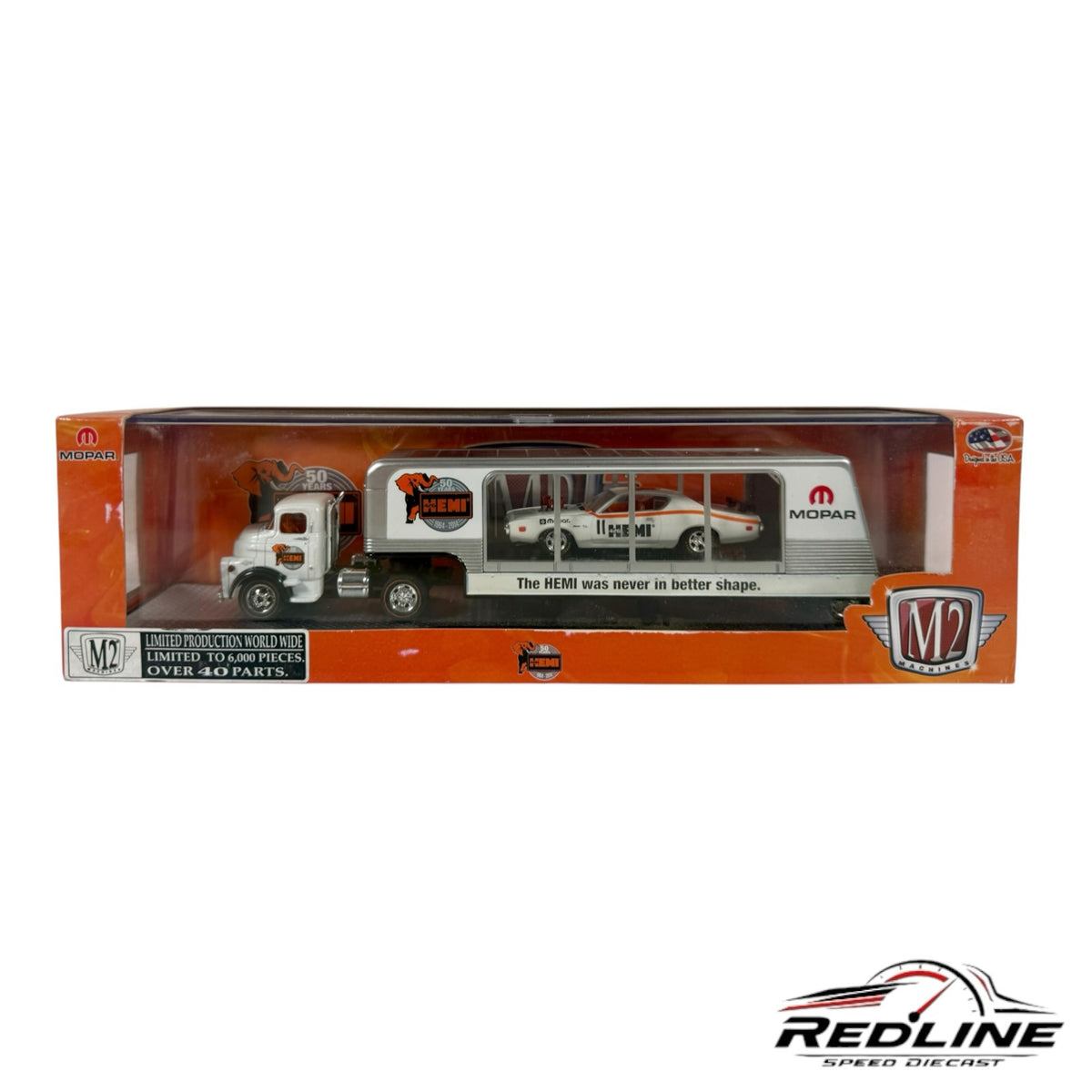 Redline Speed Diecast M2 Machines 1957 Dodge COE truck and 1971 Dodge Charger R/T HEMI hauler set in original box