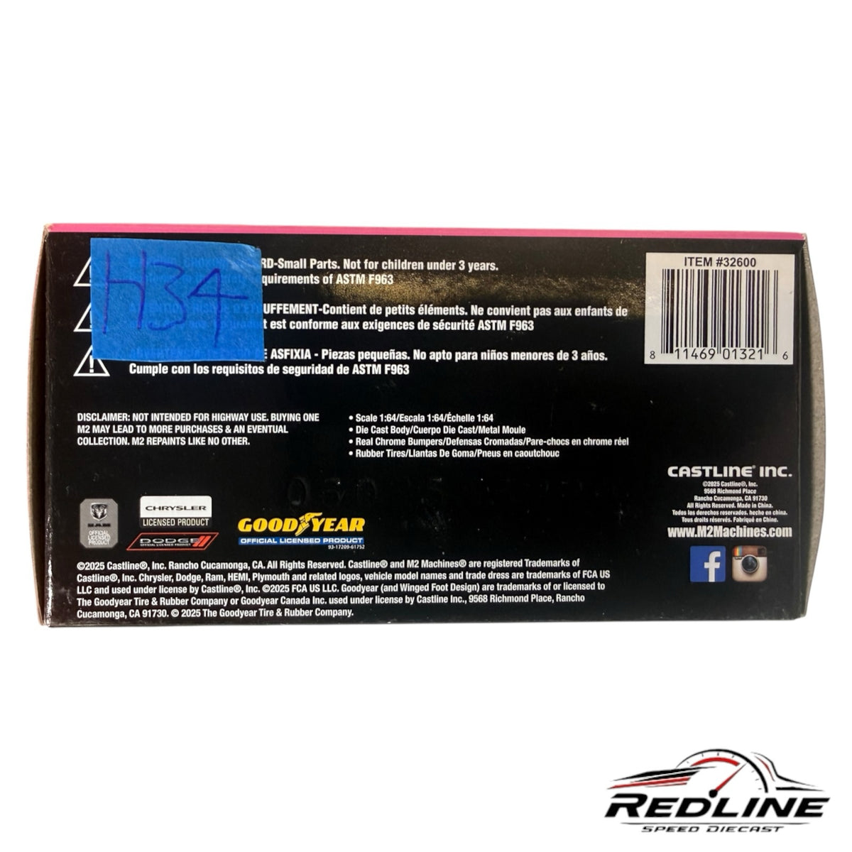 Redline Speed Diecast 1:64 scale M2 Machines Dodge Coronet Super Bee packaging back view with product details